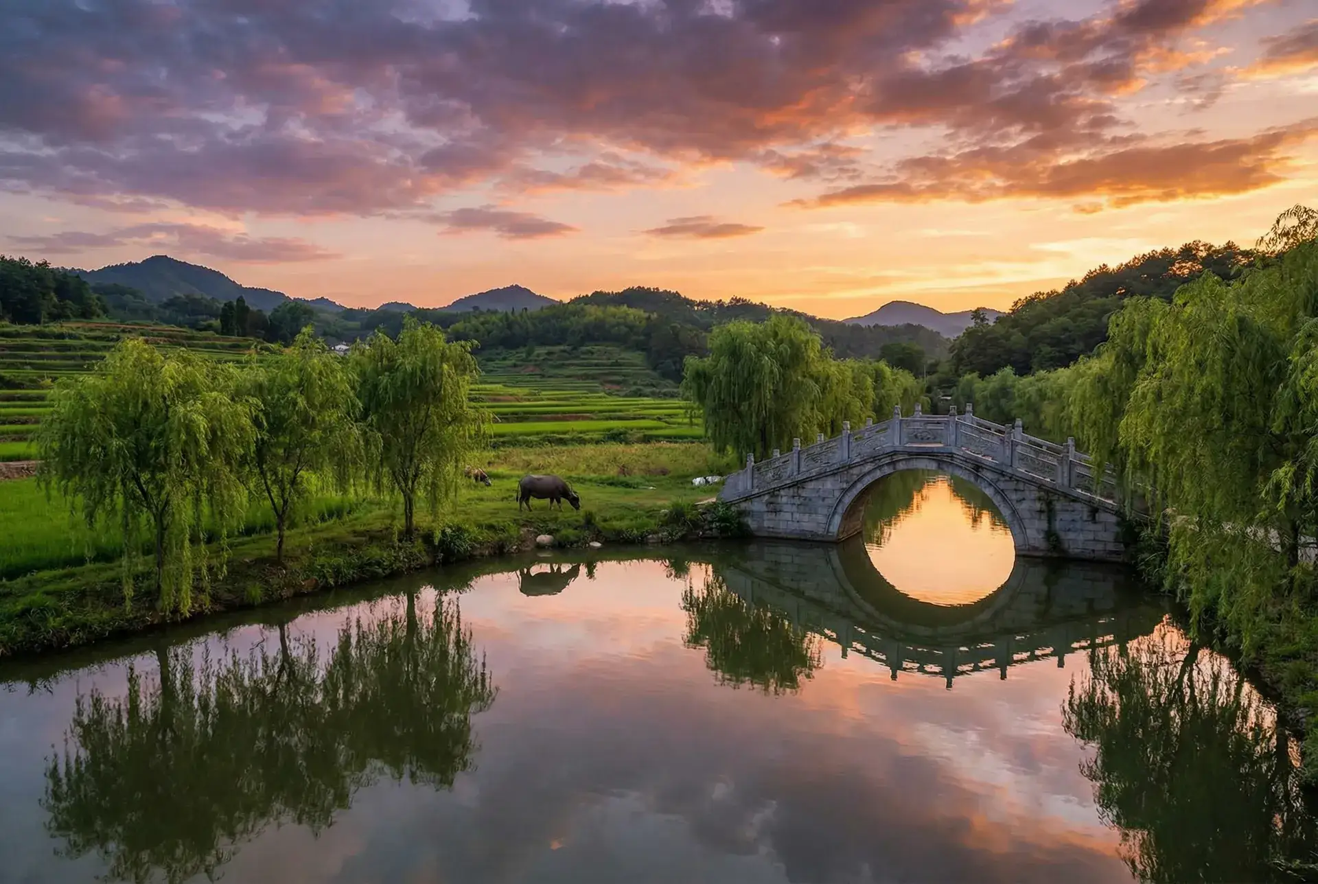 夕阳下的石拱桥与垂柳，水牛在河边吃草 - 欧美精品黑人粗大欧美另类 乡村美景